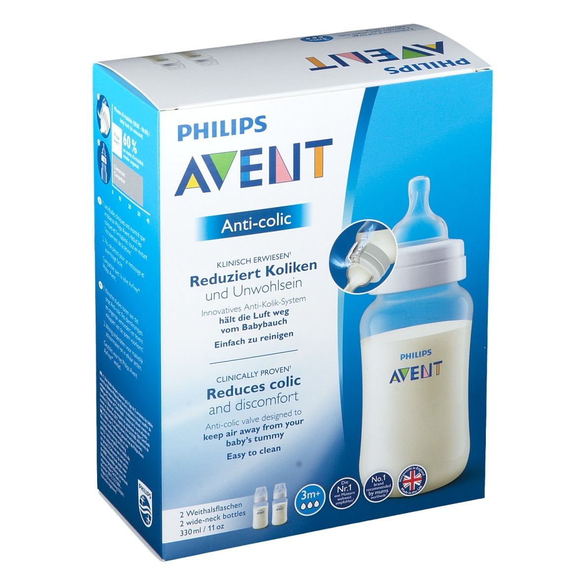 Boîte Philips Avent Anti-colique. Image du produit et texte sur fond bleu. Contient deux biberons.