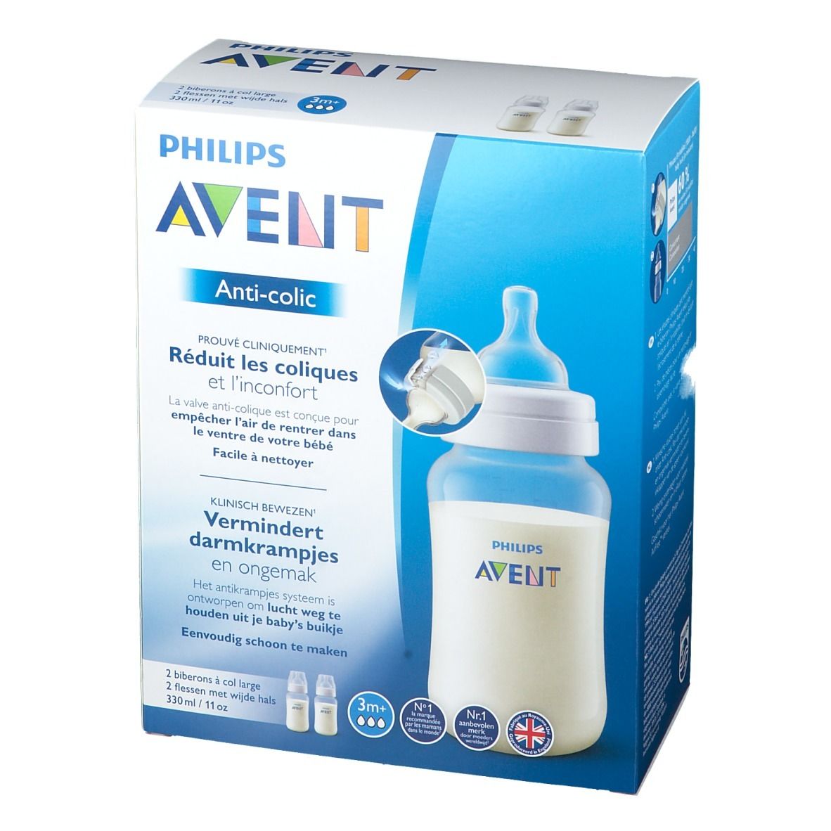 Boîte Philips Avent Anti-colique. Image du produit et texte sur fond bleu. Contient deux biberons.