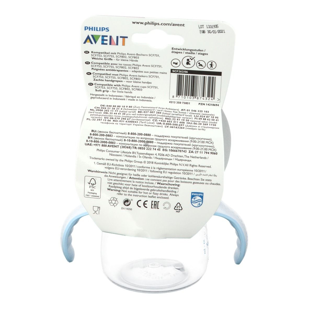 Rückseite der Verpackung mit Produktinformationen, Logos und Zertifizierungen. Becher mit blauem Griff sichtbar.