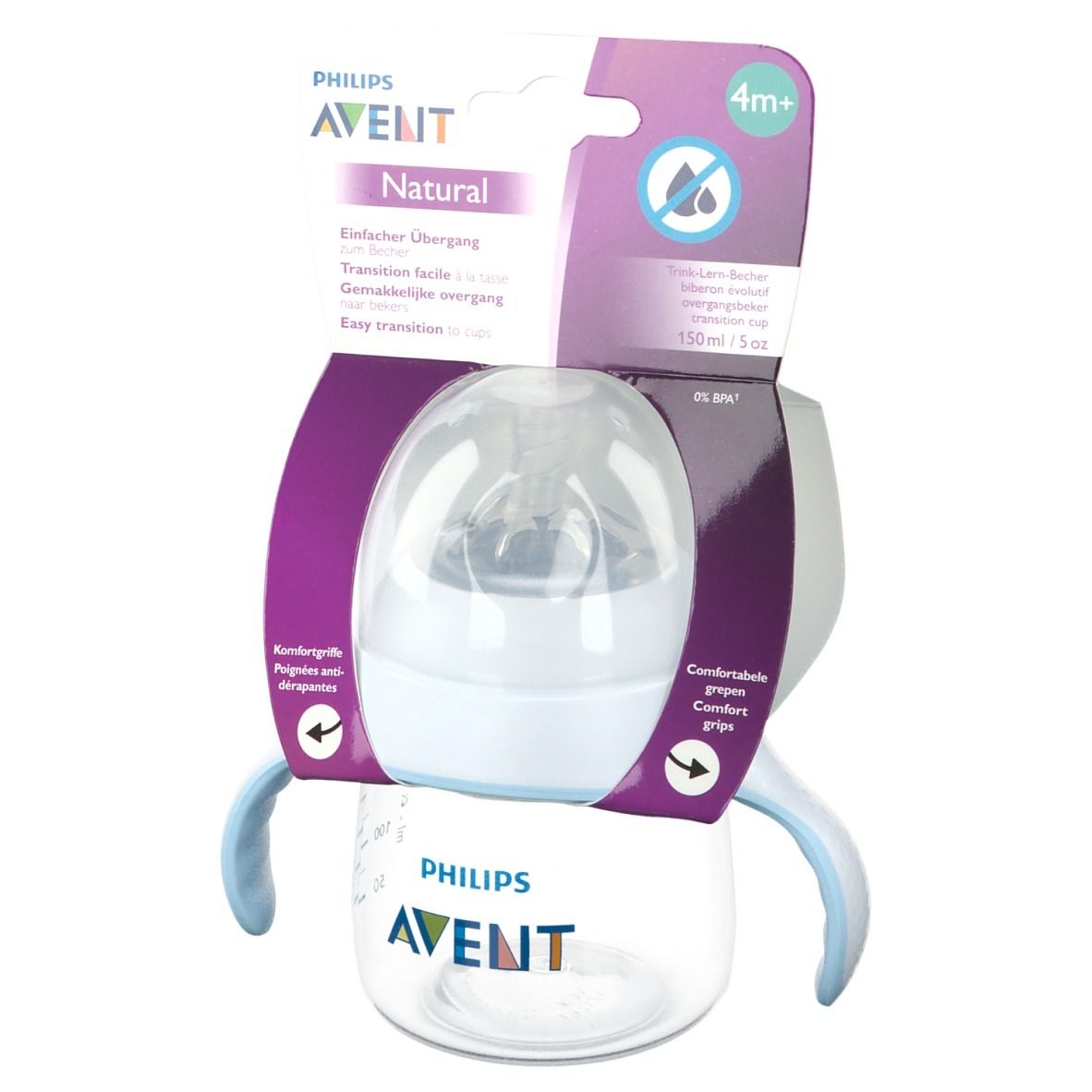 Trinklernbecher mit blauem Griff und transparentem Deckel. Verpackung mit Produktinformationen und Logo.
