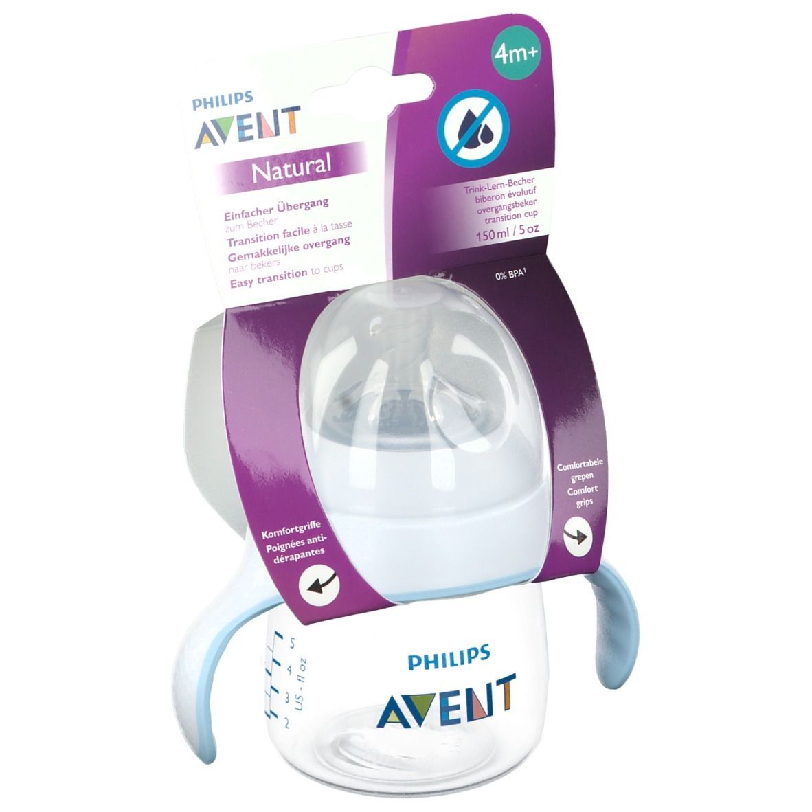 Trinklernbecher mit blauem Griff und transparentem Deckel. Verpackung mit Produktinformationen und Logo.