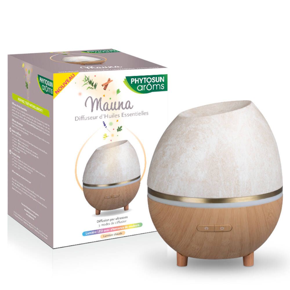 Diffuseur ovoïde, base en bois, partie supérieure texturée claire. Emballage : nom du produit, marque et logo.