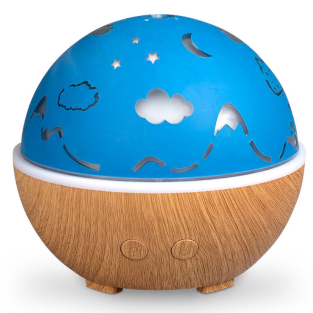 Blauwe diffuser met houten basis. Maan- en sterrenmotief. Twee knoppen. Stoom zichtbaar.