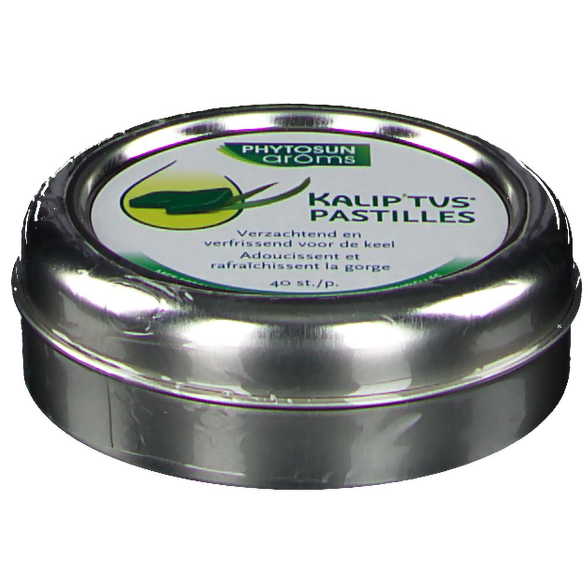 Boîte métallique ronde avec impression. Contient des pastilles. Inscription : Phytosun Aroms Kalip'tus Pastilles. Texte en allemand, néerlandais et français.