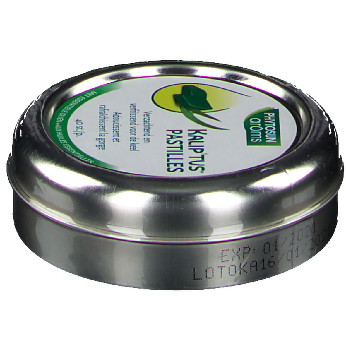 Boîte métallique ronde avec impression. Contient des pastilles. Inscription : Phytosun Aroms Kalip'tus Pastilles. Texte en allemand, néerlandais et français. Avec date de péremption.