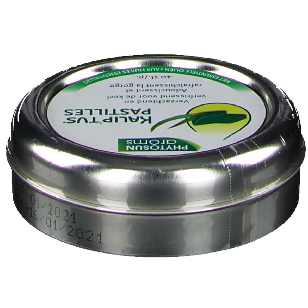 Boîte métallique ronde avec impression. Contient des pastilles. Inscription : Phytosun Aroms Kalip'tus Pastilles. Texte en allemand, néerlandais et français. Avec date de péremption.