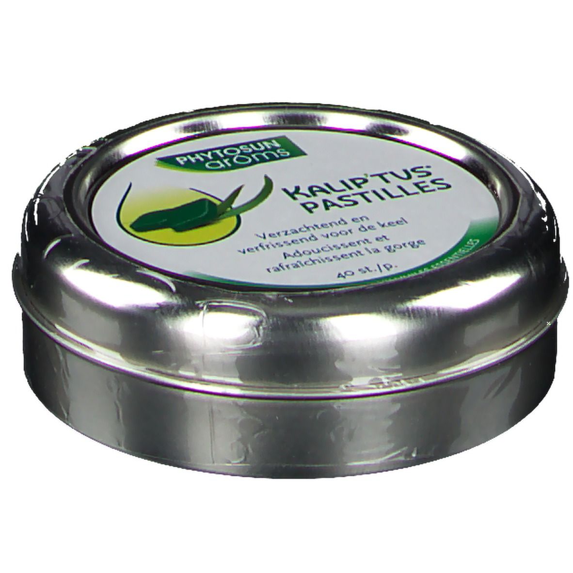 Boîte métallique ronde avec impression. Contient des pastilles. Inscription : Phytosun Aroms Kalip'tus Pastilles. Texte en allemand, néerlandais et français.