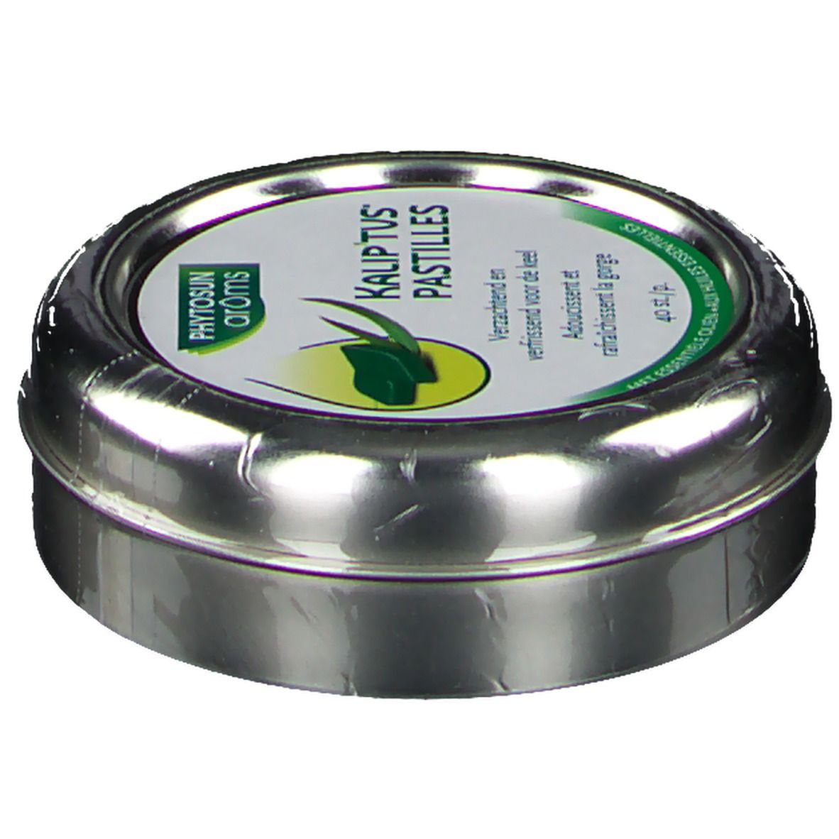 Boîte métallique ronde avec impression. Contient des pastilles. Inscription : Phytosun Aroms Kalip'tus Pastilles. Texte en allemand, néerlandais et français.