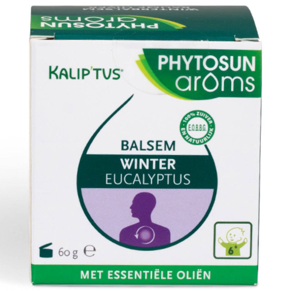Boîte de baume. Inscription : KALIPTUS, PHYTOSUN arôms, Winter Eucalyptus. Avec certifications.