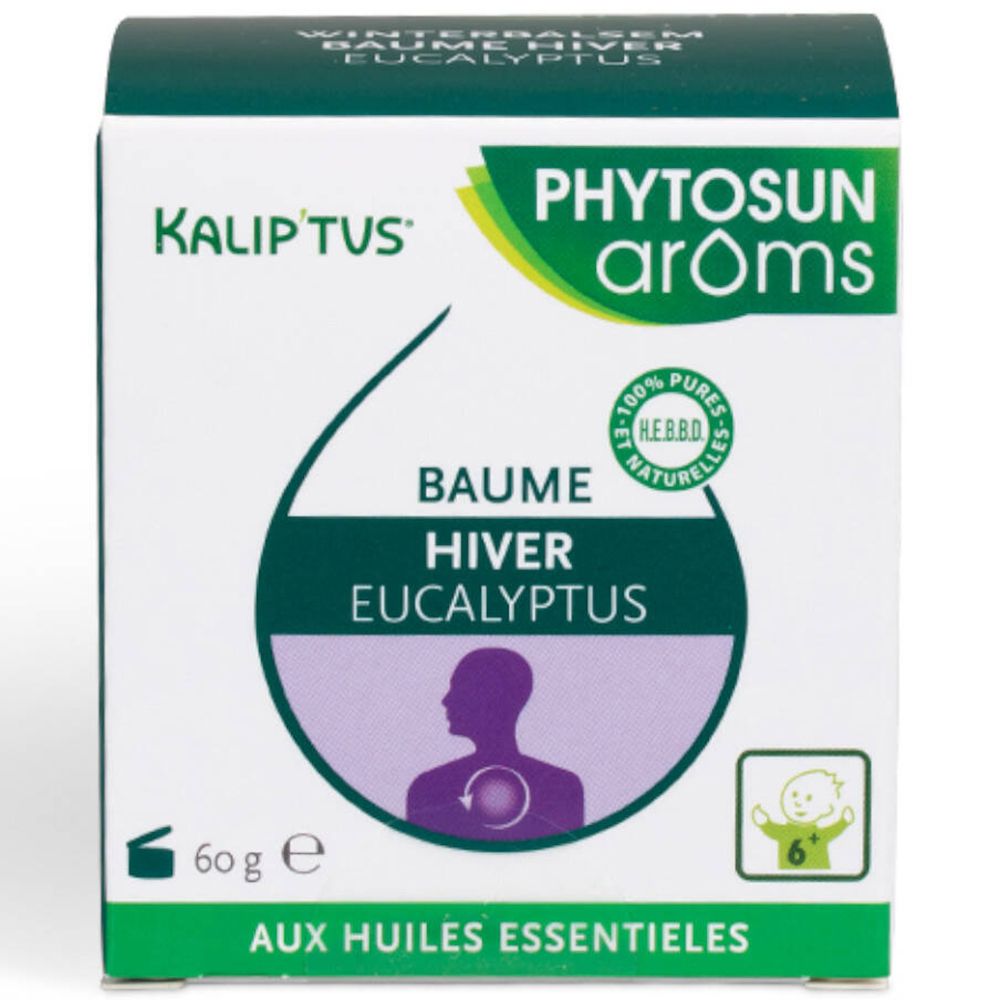 Boîte de baume. Inscription : KALIPTUS, PHYTOSUN arôms, Winter Eucalyptus. Avec certifications.