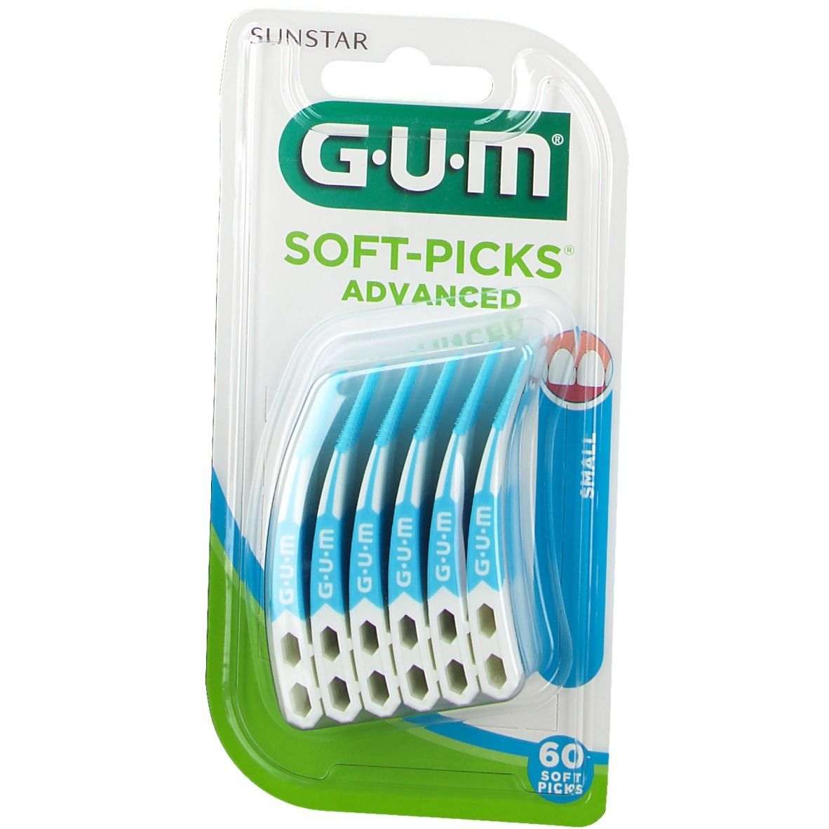 Verpakking GUM Soft-Picks Advanced, klein. Bevat 60 stuks. Blauwe, flexibele borstels met witte handgreep. Opschrift: GUM, Soft-Picks Advanced, Small.