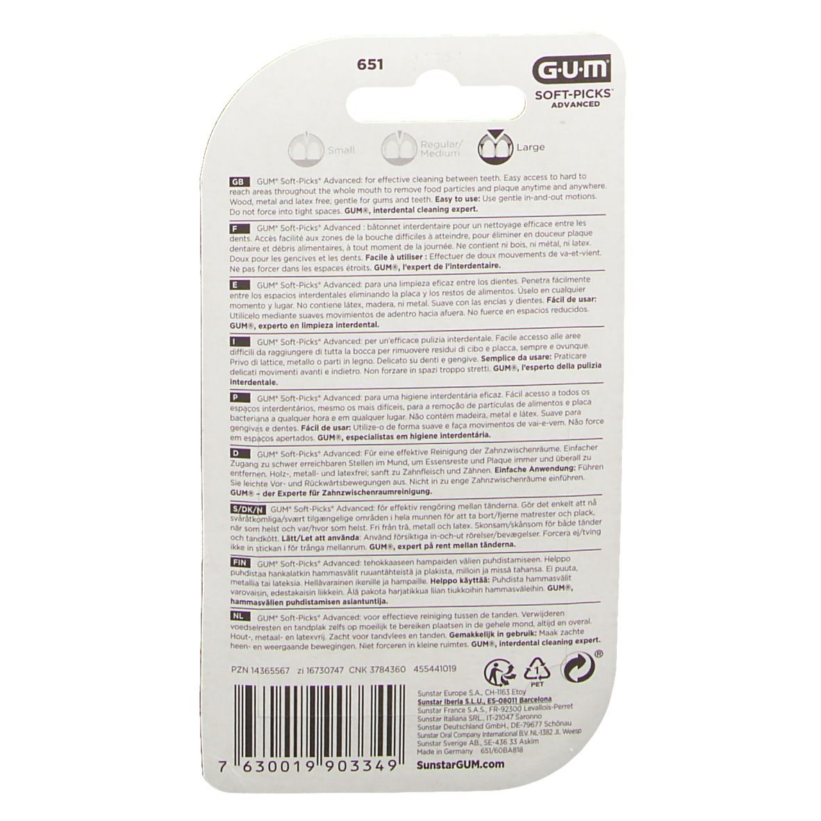 Emballage de GUM Soft-Picks Advanced. Étiquette blanche avec informations et logo. Vue arrière.