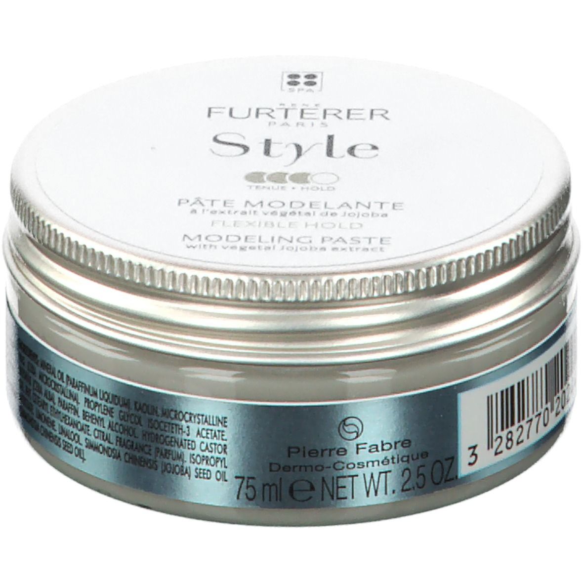 Ronde pot met zilveren deksel. Opschrift: FURTERER Style. Bevat modelleerpasta met jojoba-extract. 75 ml.