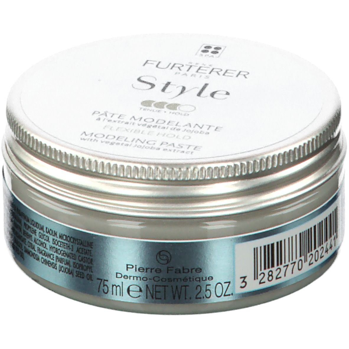 Ronde pot met zilveren deksel. Opschrift: FURTERER Style. Bevat modelleerpasta met jojoba-extract. 75 ml, barcode.
