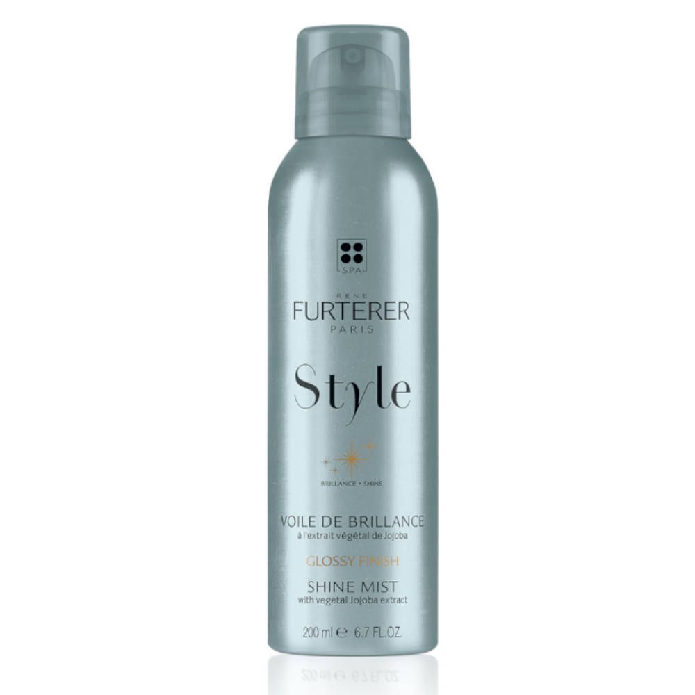 Zilverkleurige haarsprayfles. Opschrift: Rene Furterer Paris, Style, Voile de Brillance, Glossy Finish, Shine Mist. 200 ml.