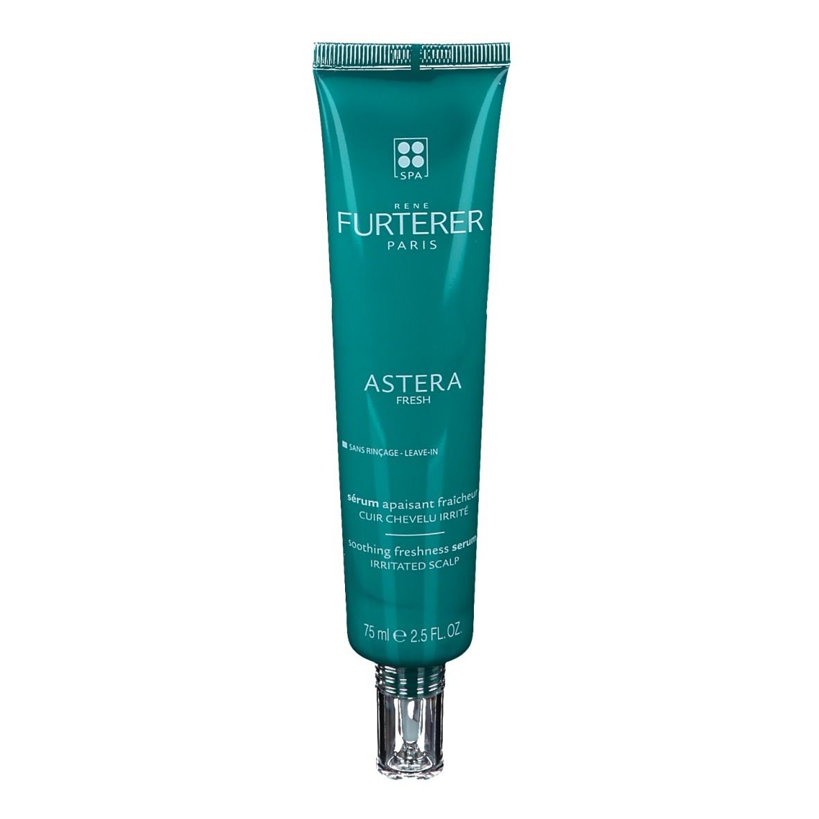 Tube verte avec bouchon argenté. Texte: ASTERA FRESH, sérum, 75 ml.