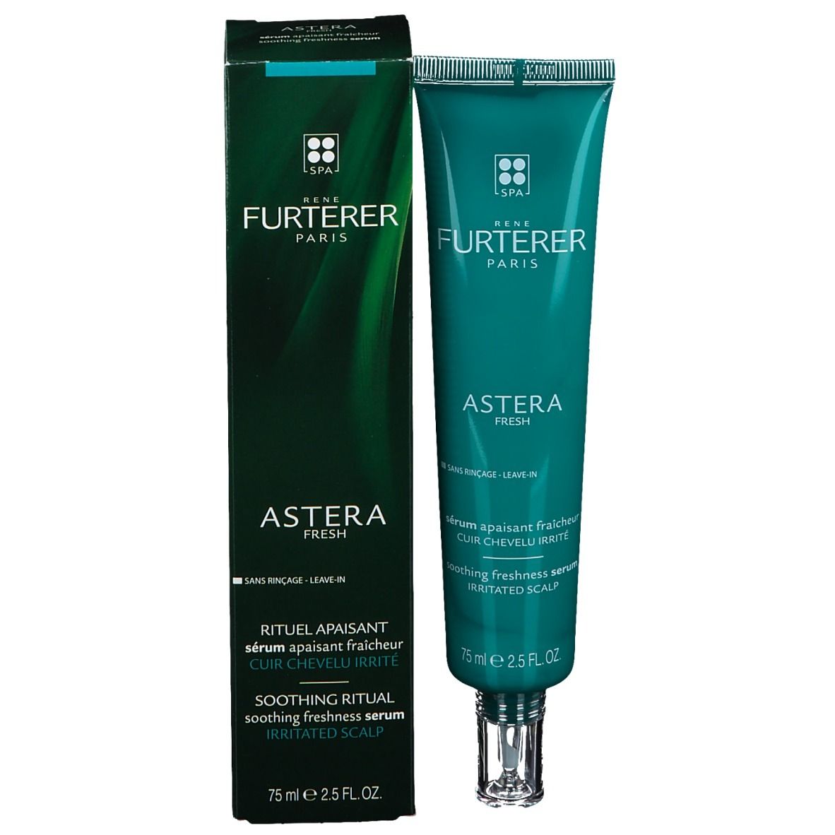 Tube vert et boîte. Texte: ASTERA FRESH, sérum, 75 ml.