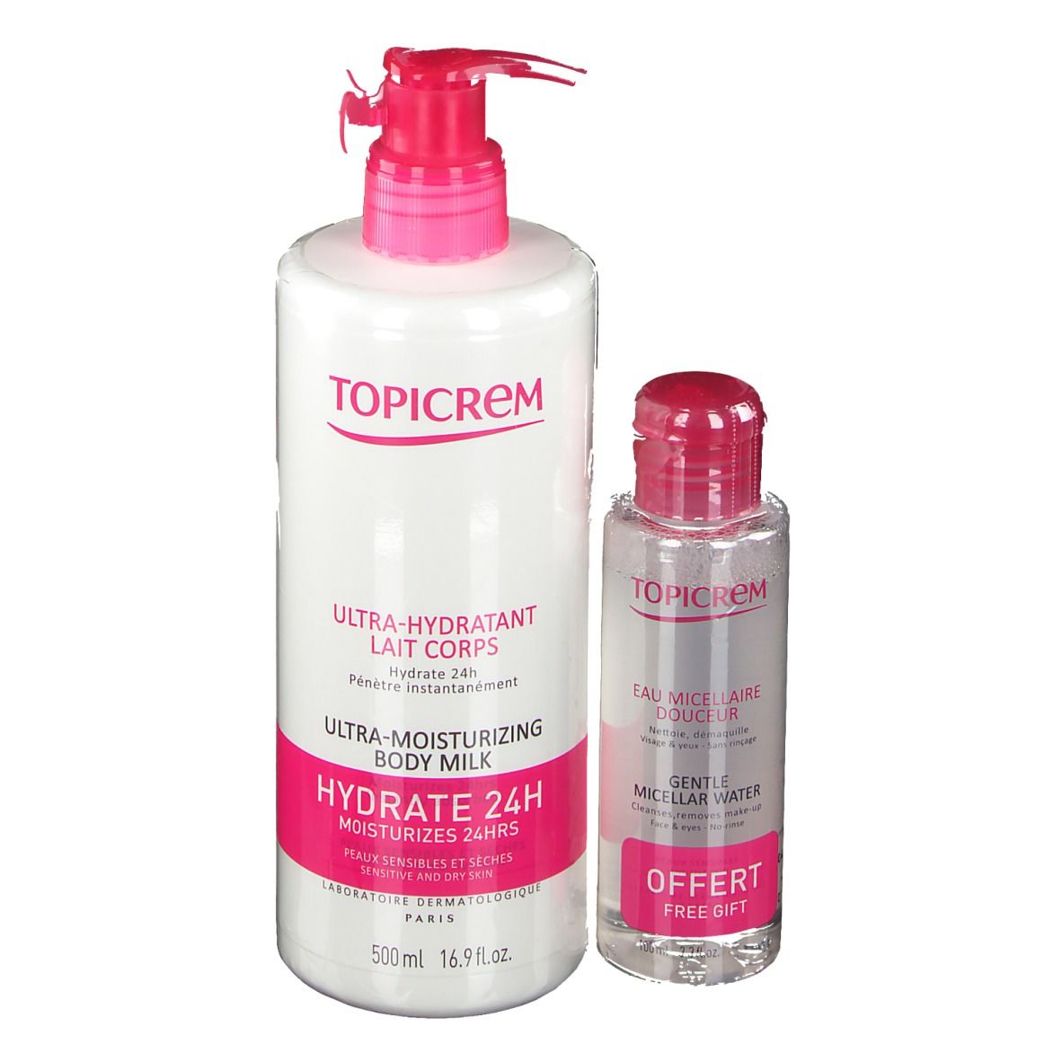 Twee flessen. Een grote witte fles met roze accenten en een kleine transparante fles. Tekst: TOPICREM, Ultra-Hydratant Lait Corps, Hydrate 24H, Ultra-Moisturizing Body Milk.
