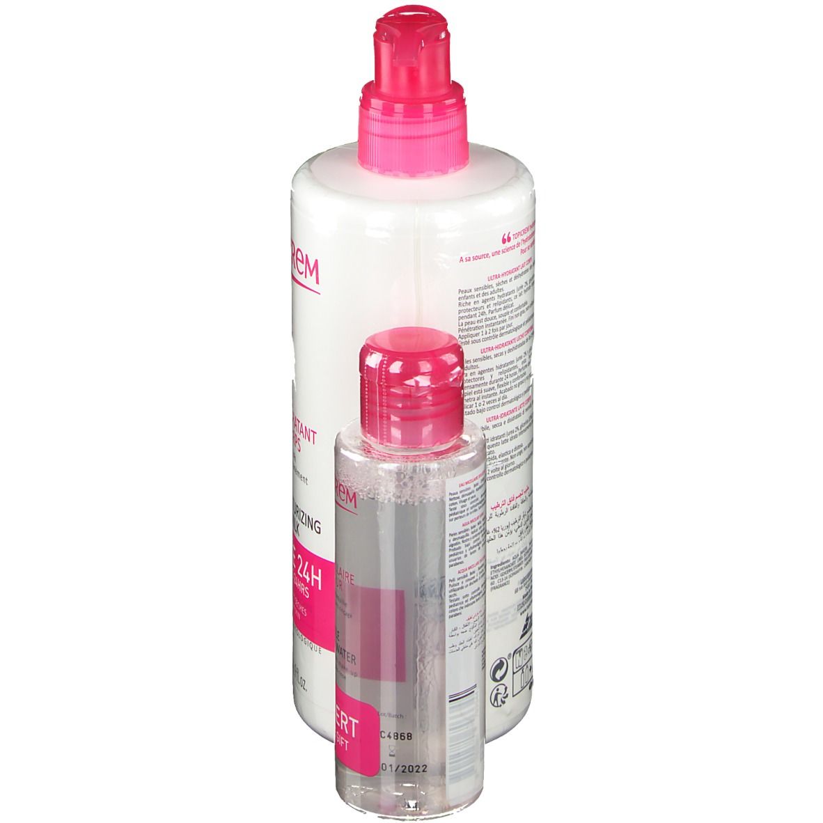 Twee flessen, een grote en een kleine. De grote fles heeft een roze pomp. De kleine fles is transparant. Tekst: TOPICREM, Eau Micellaire Douceur.