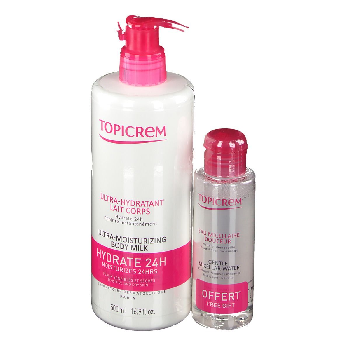 Twee flessen. Een grote witte fles met roze accenten en een kleine transparante fles. Tekst: TOPICREM, Ultra-Hydratant Lait Corps, Hydrate 24H, Ultra-Moisturizing Body Milk.