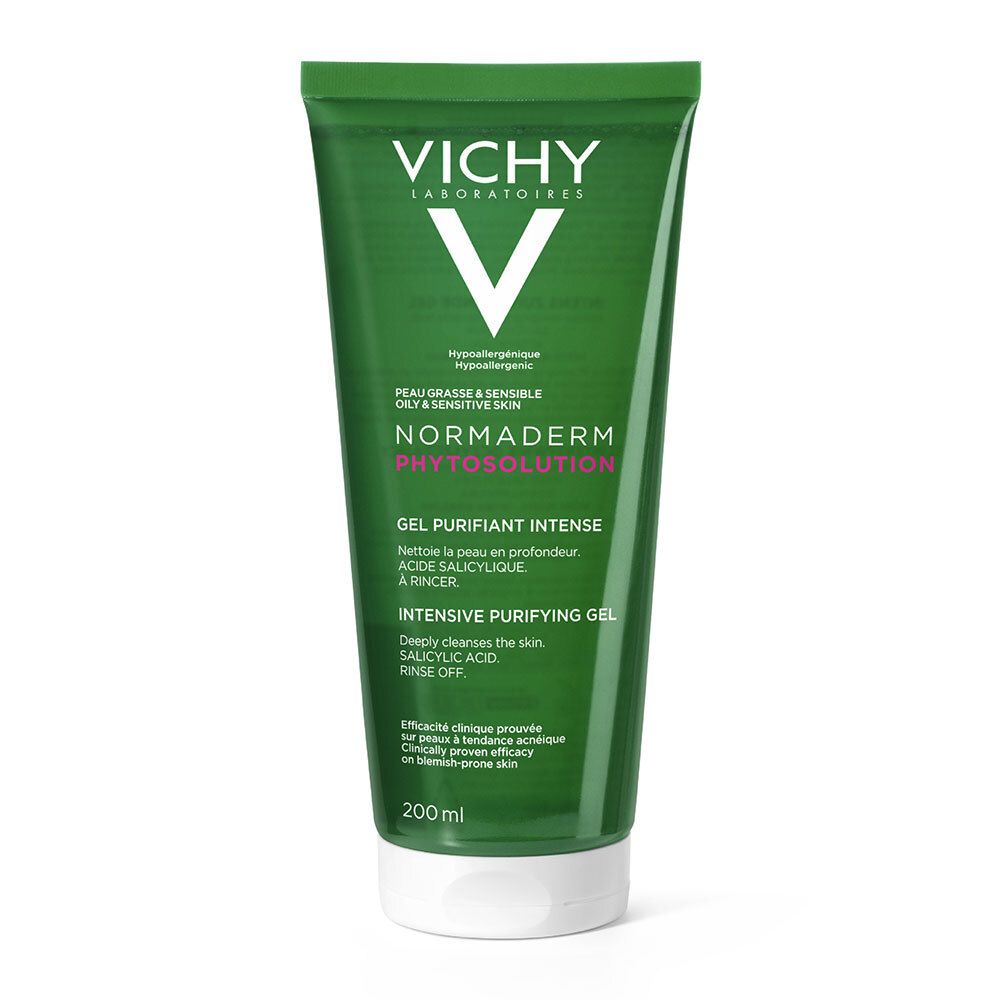 Tube verte avec bouchon blanc. Inscription: VICHY, Normaderm Phytosolution. Gel pour peaux grasses. 200 ml.