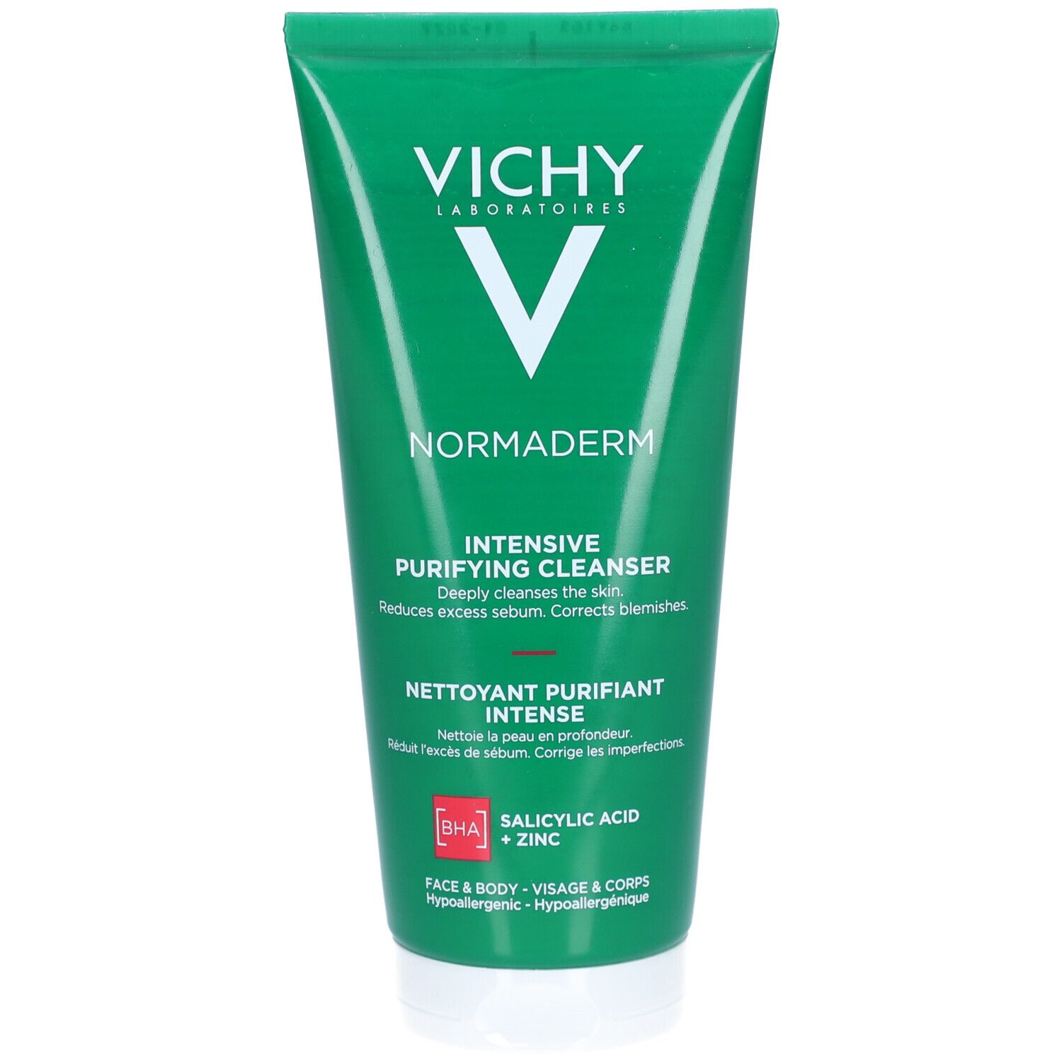 Tube vert avec bouchon blanc. Inscription: VICHY, Normaderm. Gel nettoyant intense. BHA + Zinc.