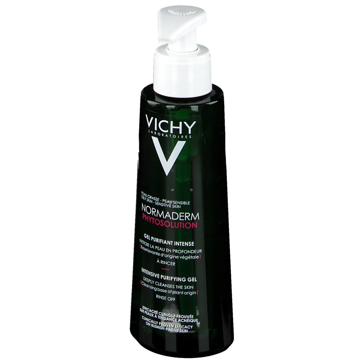 Flacon vert avec pompe. Inscription: VICHY, Normaderm Phytosolution. Gel purifiant intense.