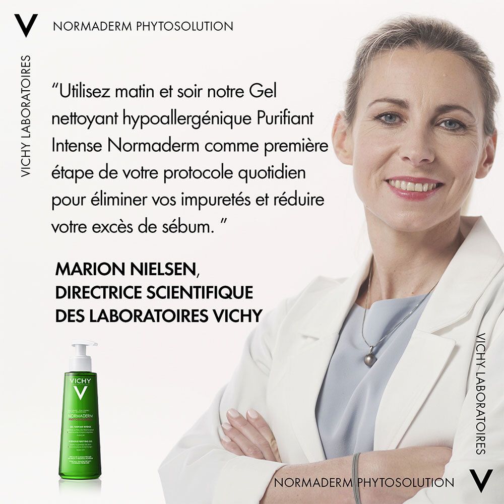 Femme en blouse blanche. Citation: Utilisez le gel matin et soir. Marion Nielsen, Directrice des Laboratoires VICHY.