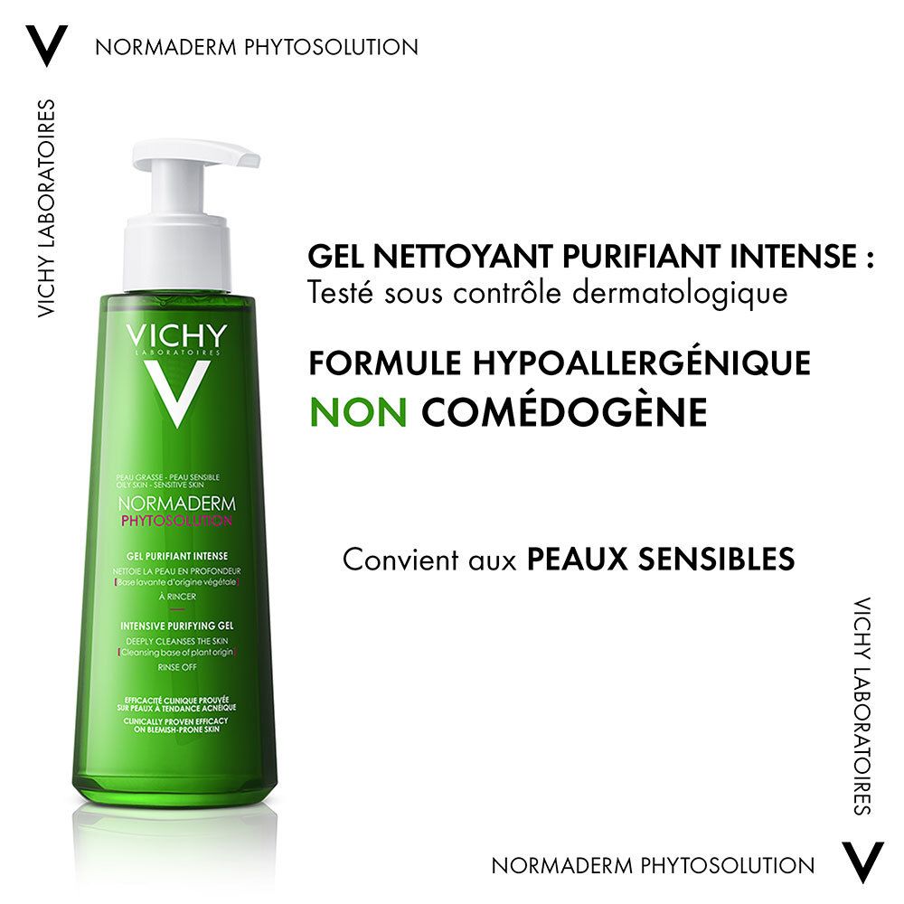 Flacon vert avec pompe. Inscription: VICHY, Normaderm Phytosolution. Non comédogène. Pour peaux sensibles.