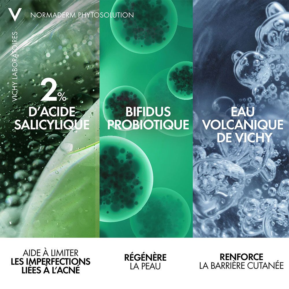 Trois images: 2% acide salicylique, Bifidus probiotique, Eau thermale de Vichy. Aide à limiter les imperfections.
