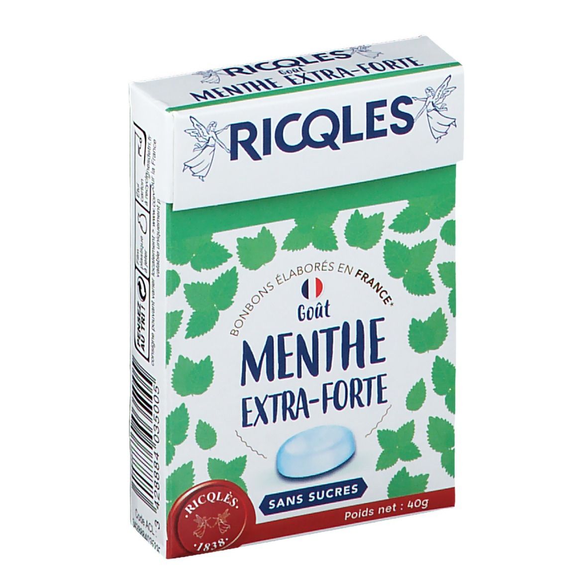 Boîte de bonbons RICQLES. Inscription: Menthe Extra-Forte, Sans Sucres. Un bonbon est visible.