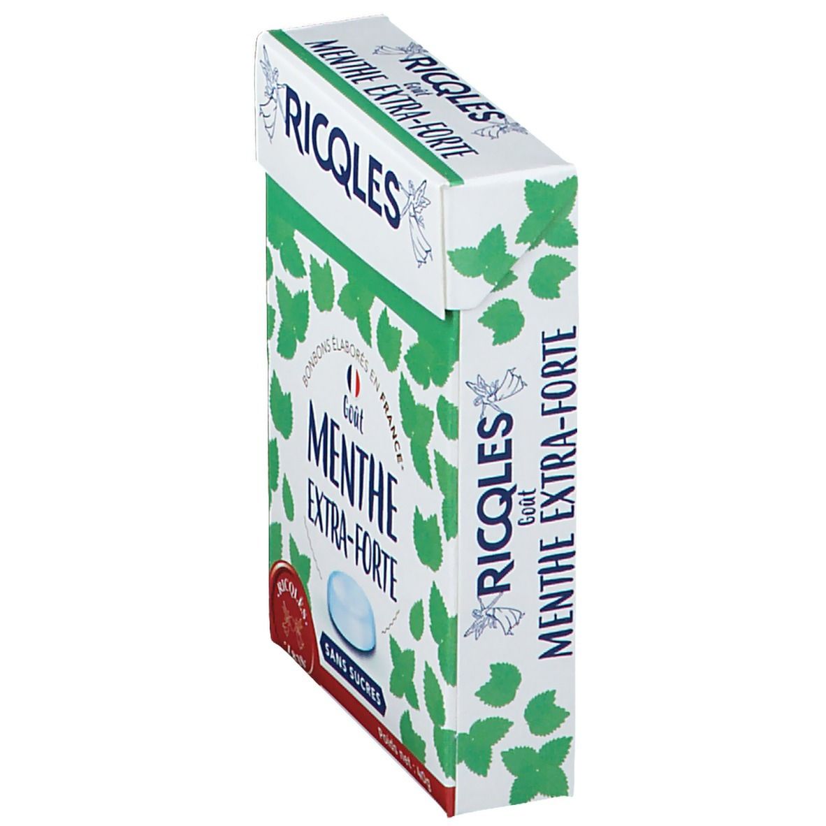 Boîte de bonbons RICQLES. Inscription: Menthe Extra-Forte, Sans Sucres. Vue en perspective.