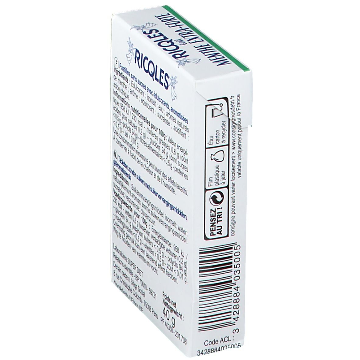 Dos de la boîte de bonbons RICQLES. Informations sur les ingrédients et la valeur nutritionnelle. Poids: 40g.