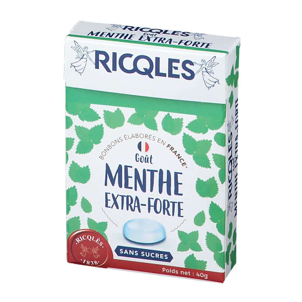Boîte de bonbons RICQLES. Inscription: Menthe Extra-Forte, Sans Sucres. Un bonbon visible.