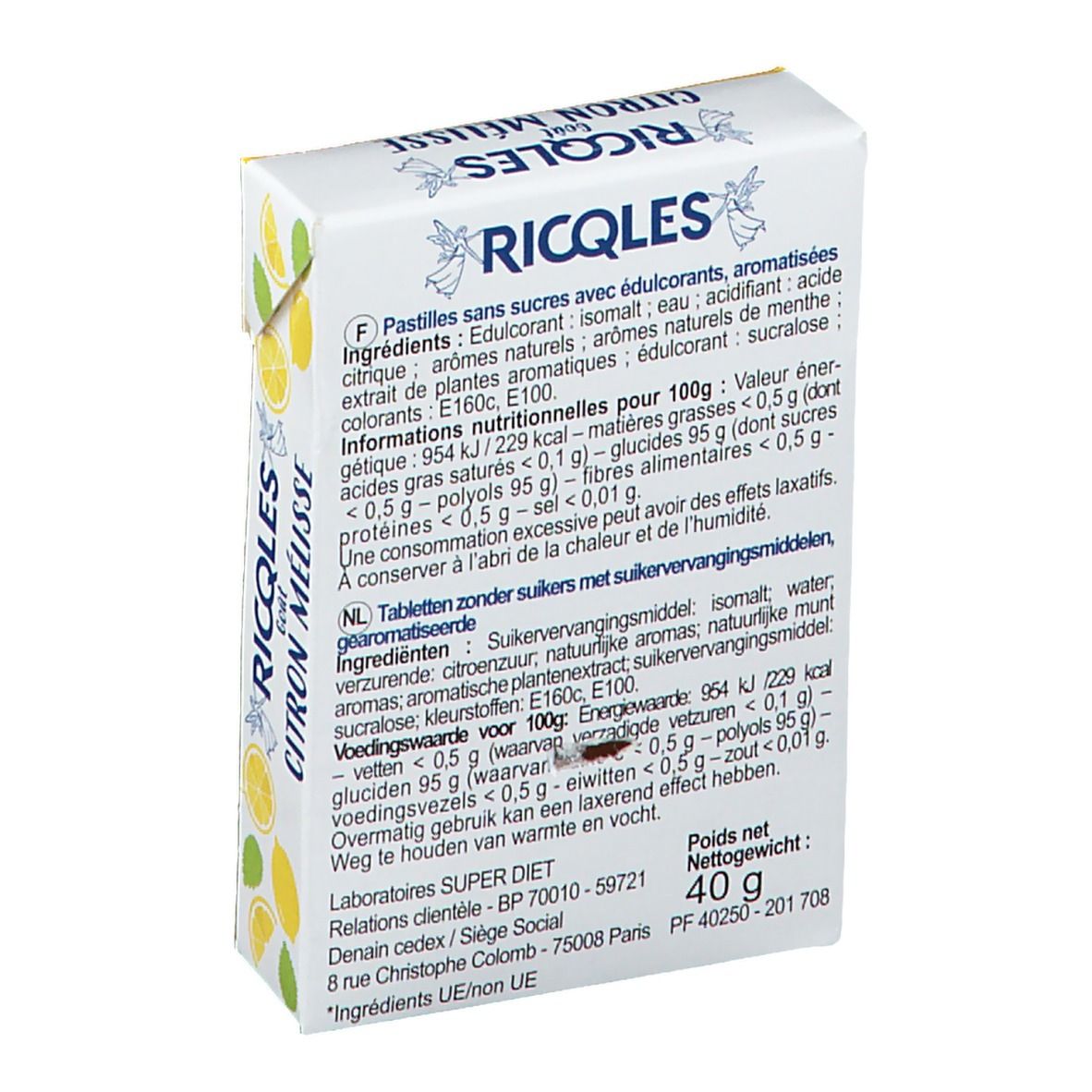 Dos de la boîte de bonbons. Texte en français et néerlandais. Ingrédients, informations nutritionnelles, informations fabricant.