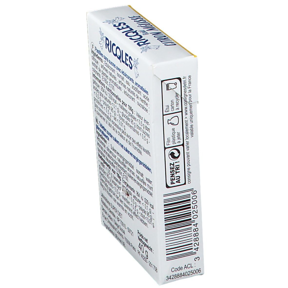 Vue latérale de la boîte de bonbons. Code-barres, symboles de recyclage, adresse du fabricant et poids: 40g.
