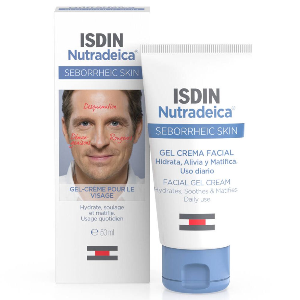 ISDIN Nutradeica Gesichtscreme und Verpackung. Auf der Verpackung: Desquamation, Rötungen, Juckreiz. Auf der Tube: Gel-Creme.