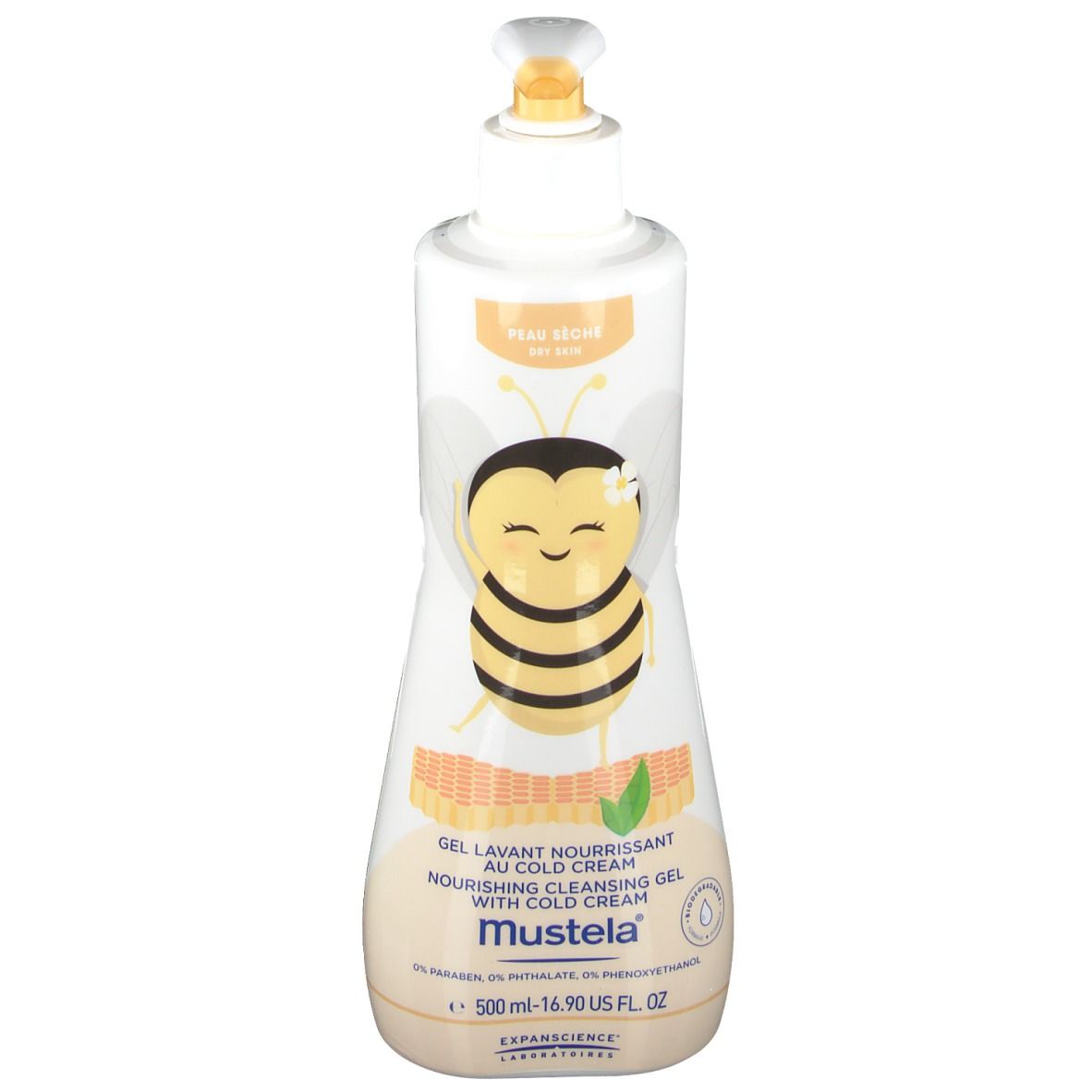 Flacon blanc avec pompe jaune. Illustration d'une abeille. Texte: Gel Lavant Nourrissant au Cold Cream, Mustela.
