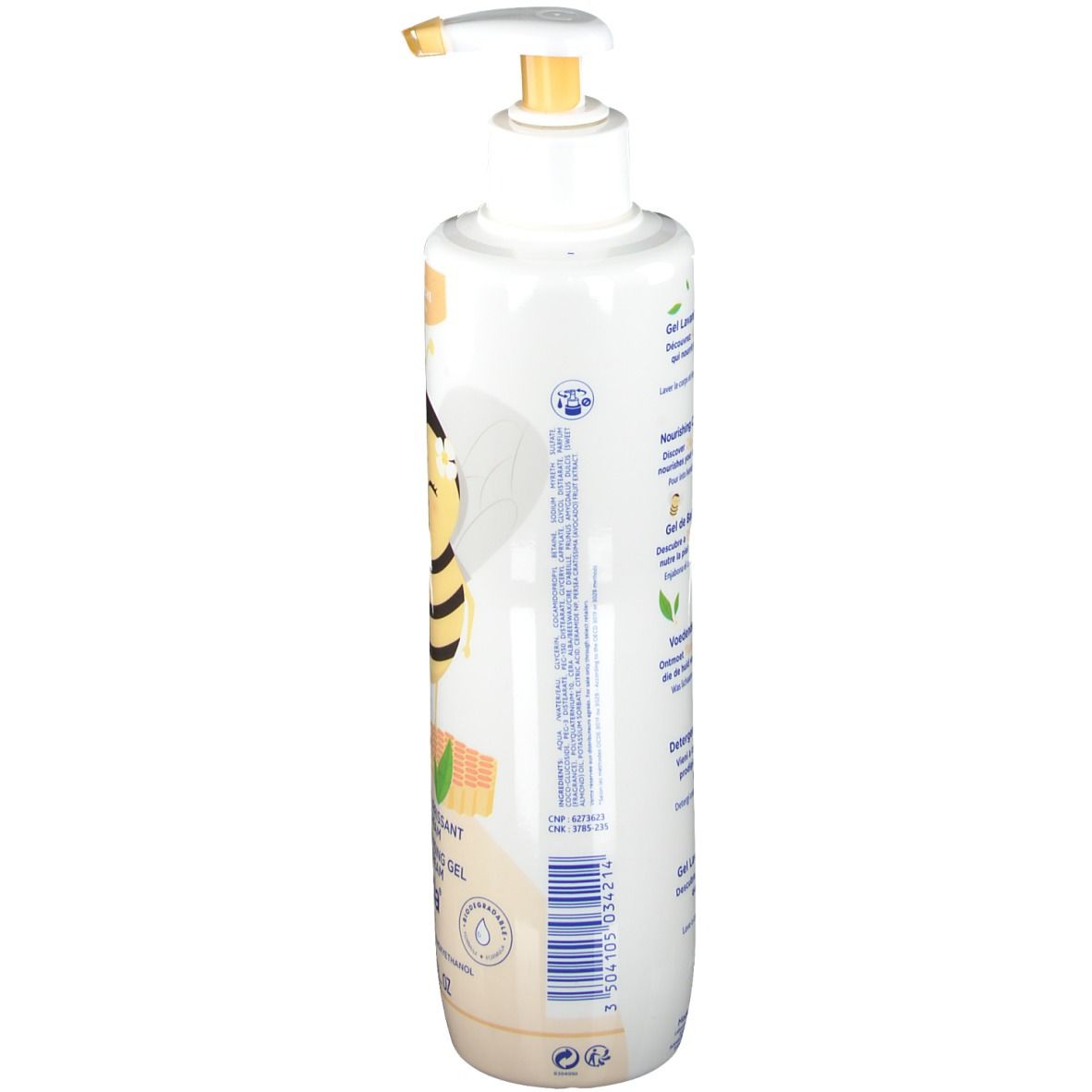 Flacon blanc, vue latérale. Texte: informations produit, ingrédients, marque Mustela, logos.