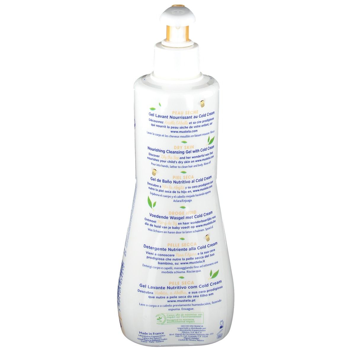 Flacon blanc, dos. Texte: noms de produits en plusieurs langues, marque Mustela, logos.