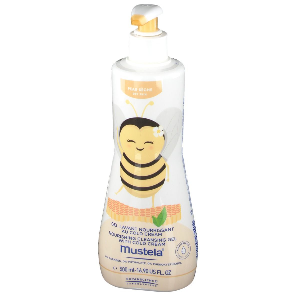 Flacon blanc avec pompe jaune. Illustration d'une abeille. Texte: Gel Lavant Nourrissant au Cold Cream, Mustela.