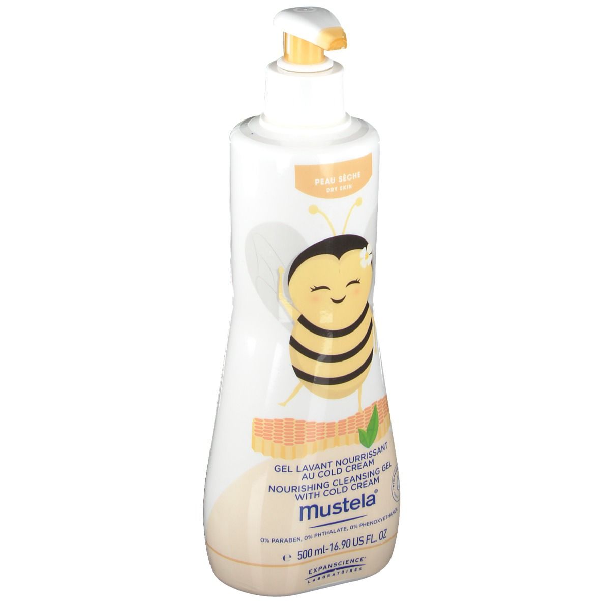 Flacon blanc avec pompe jaune. Illustration d'une abeille. Texte: Gel Lavant Nourrissant au Cold Cream, Mustela.