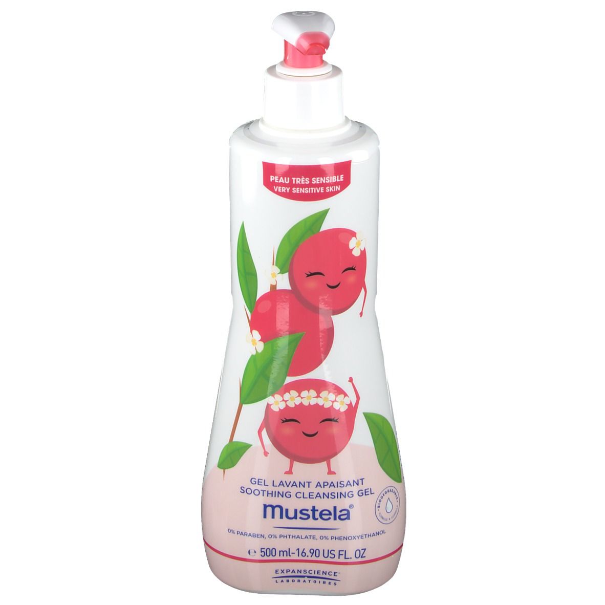 Flacon blanc et rose avec pompe. Impression avec illustrations et texte: Gel Lavant Apaisant, Mustela, 500 ml.