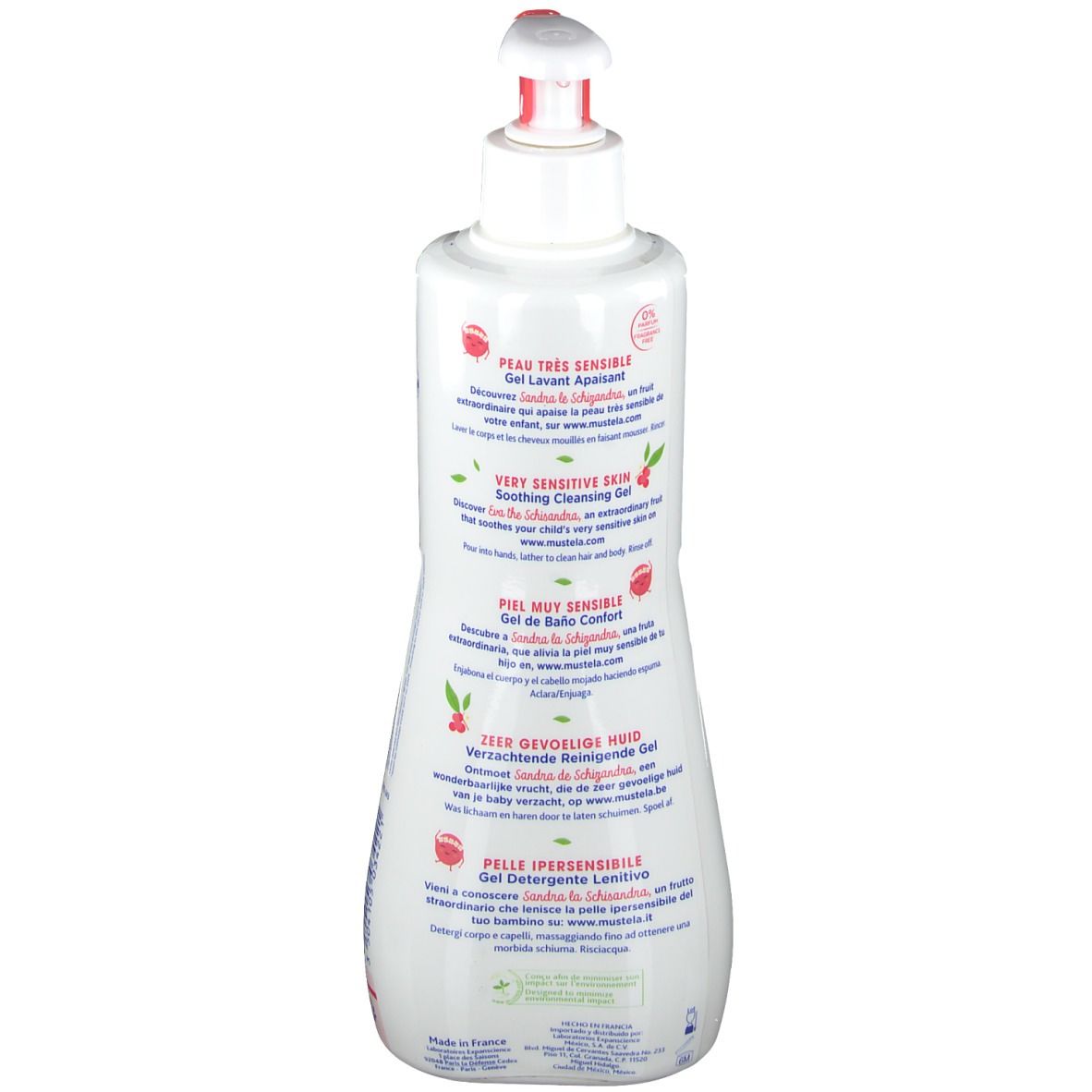 Flacon blanc avec pompe. Dos avec texte en plusieurs langues: Gel Lavant Apaisant, Very Sensitive Skin.