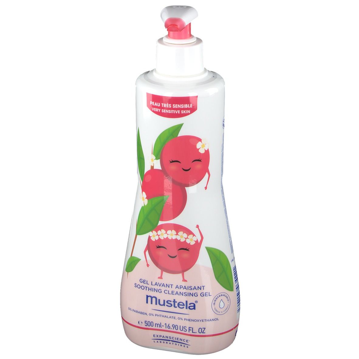 Flacon blanc et rose avec pompe. Impression avec illustrations et texte: Gel Lavant Apaisant, Mustela, 500 ml.