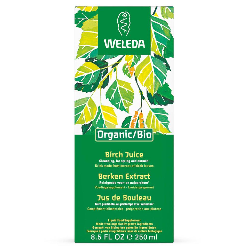 Grüne Verpackung mit Weleda-Logo, Birkenblättern und Text: Birch Juice, Berken Extract, Jus de Bouleau. 8.5 FL OZ e 250 ml.