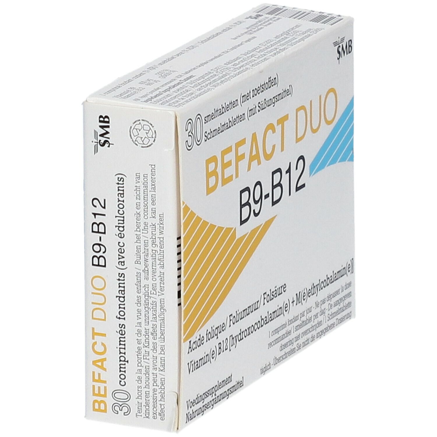 Schachtel BEFACT DUO B9-B12, 30 Tabletten. Weiße Verpackung mit gelben und blauen Streifen. Aufschrift: Acide folique, Vitamin B12. Perspektivische Ansicht.