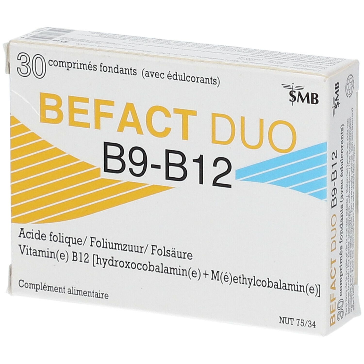 Schachtel BEFACT DUO B9-B12, 30 Tabletten. Weiße Verpackung mit gelben und blauen Streifen. Aufschrift: Acide folique, Vitamin B12. Nahaufnahme.