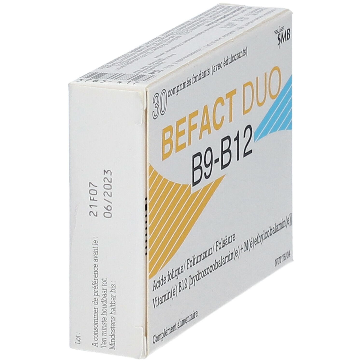 Schachtel BEFACT DUO B9-B12, 30 Tabletten. Weiße Verpackung mit gelben und blauen Streifen. Aufschrift: Acide folique, Vitamin B12. Seitenansicht.