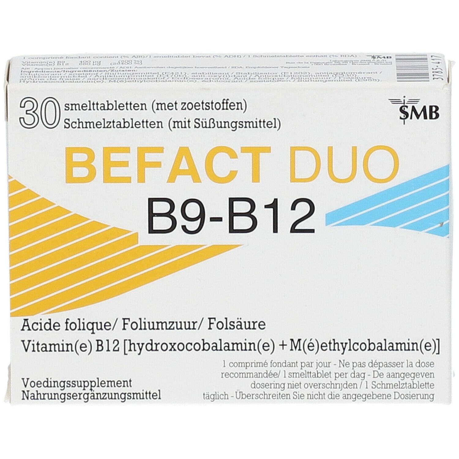 Schachtel BEFACT DUO B9-B12, 30 Schmelztabletten. Weiße Verpackung mit gelben und blauen Streifen. Aufschrift: Acide folique, Vitamin B12.